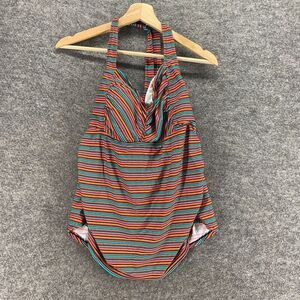 Beach Bump Tankini Top Women 2X Plus Blue Striped Push Up Sleeveless Halter Neck